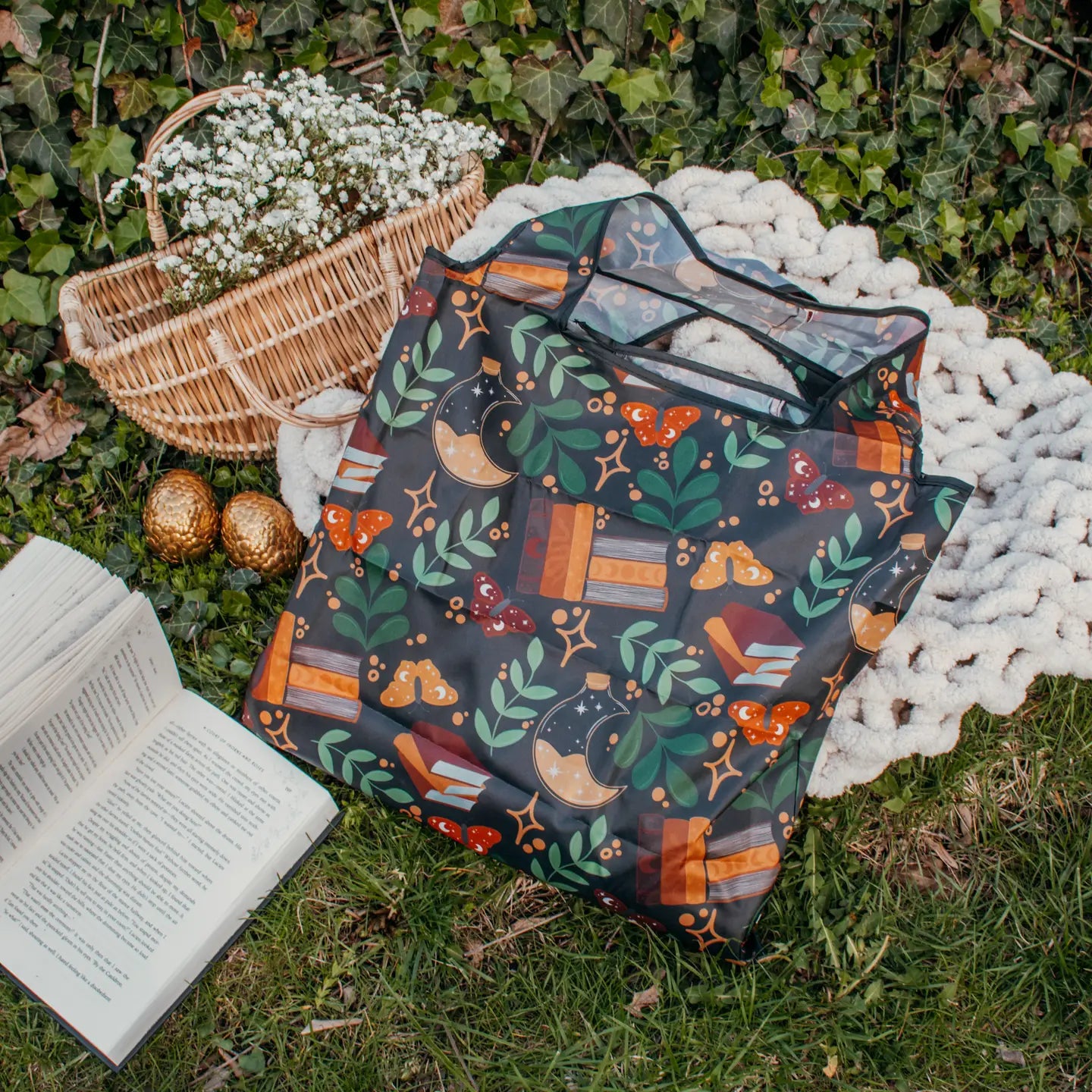 Burgandy Books Reusable Bookish Foldable Grocery Tote Bag