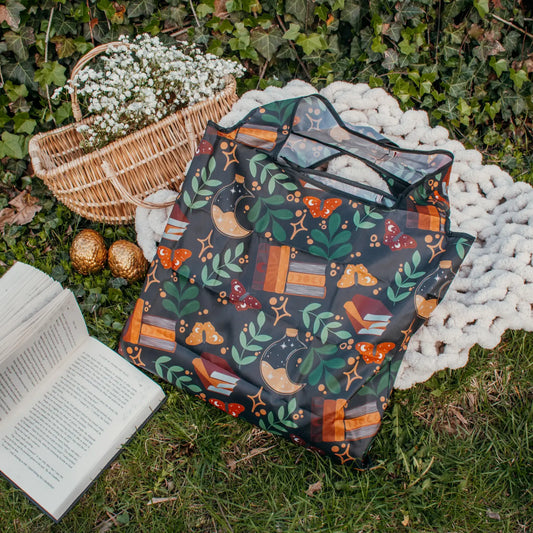 Burgandy Books Reusable Bookish Foldable Grocery Tote Bag