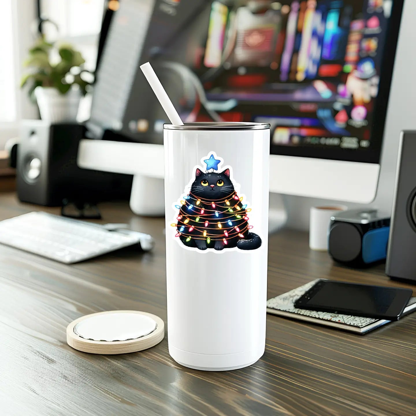 Black Cat in Holiday Lights Sticker