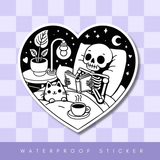 Cozy Reading Skeleton & Cat Sticker