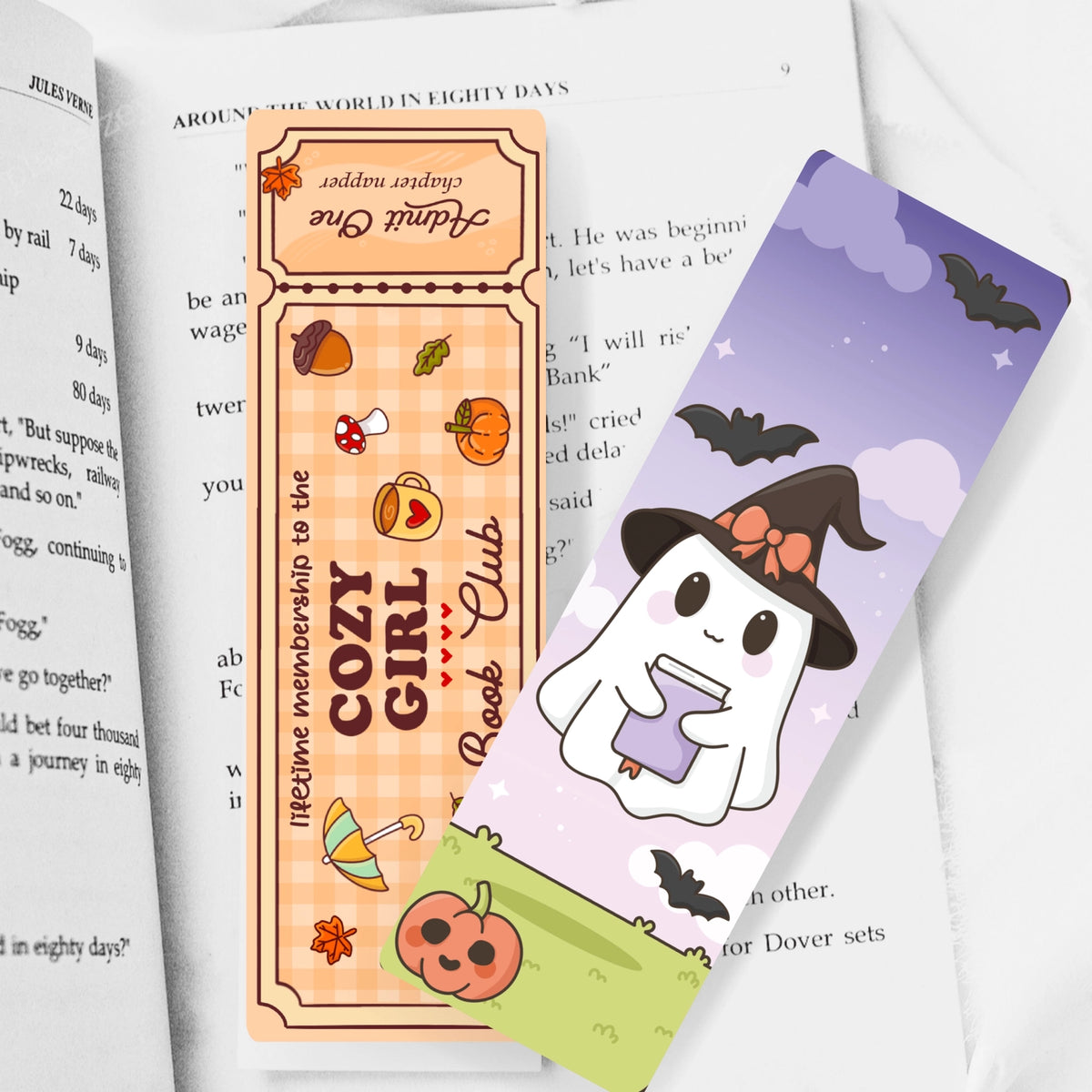 Ghost with Book/Cozy Girl Book Club Ticket Dual-Sided Bookmark