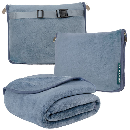 Pavilia Slate Blue Premium Fleece Travel Blanket/Pillow
