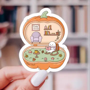 Cozy Reader Pumpkin Sticker-Bookish Ghost