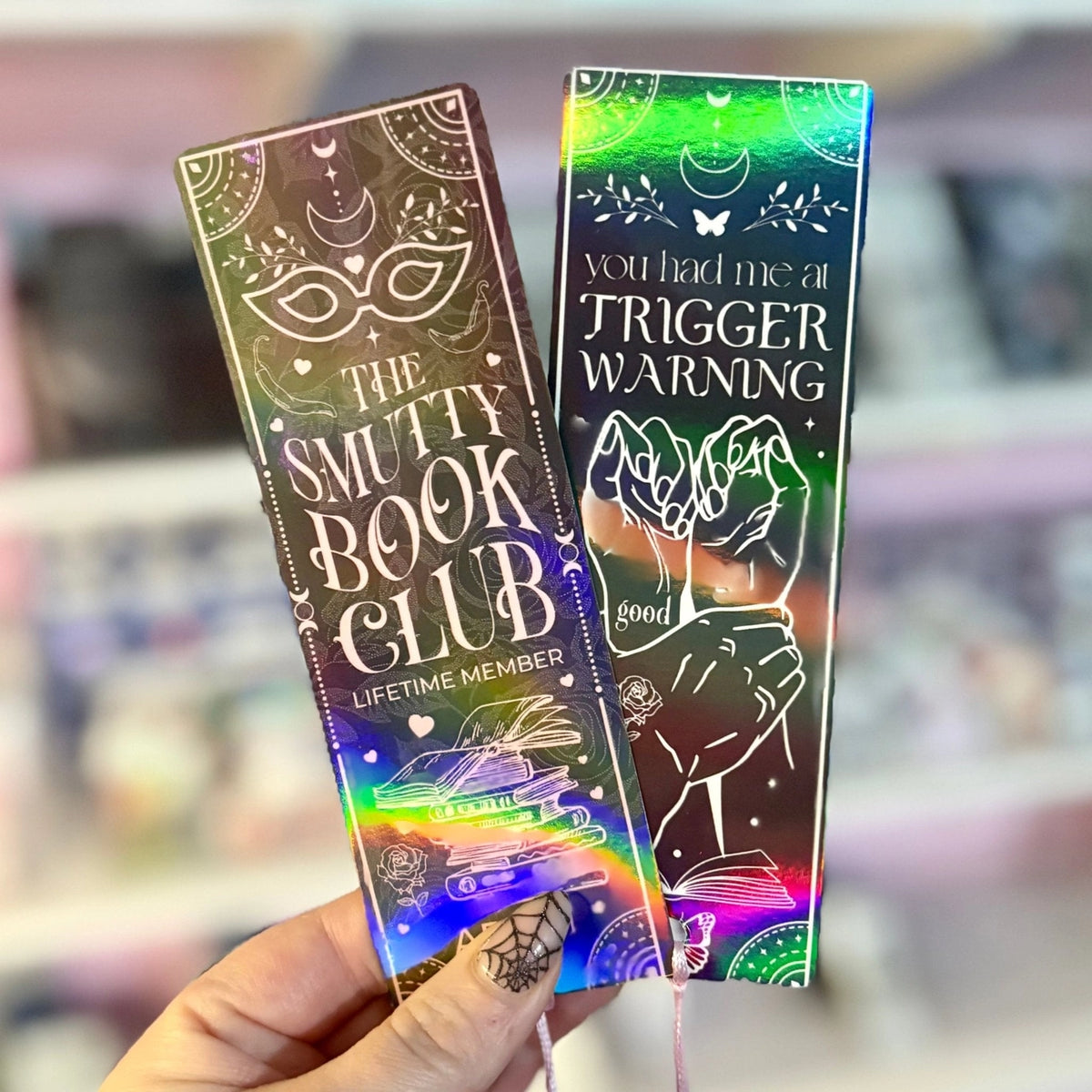 The Smutty Book club/Trigger Warning Dual-Sided Holographic Bookmark with Tassel